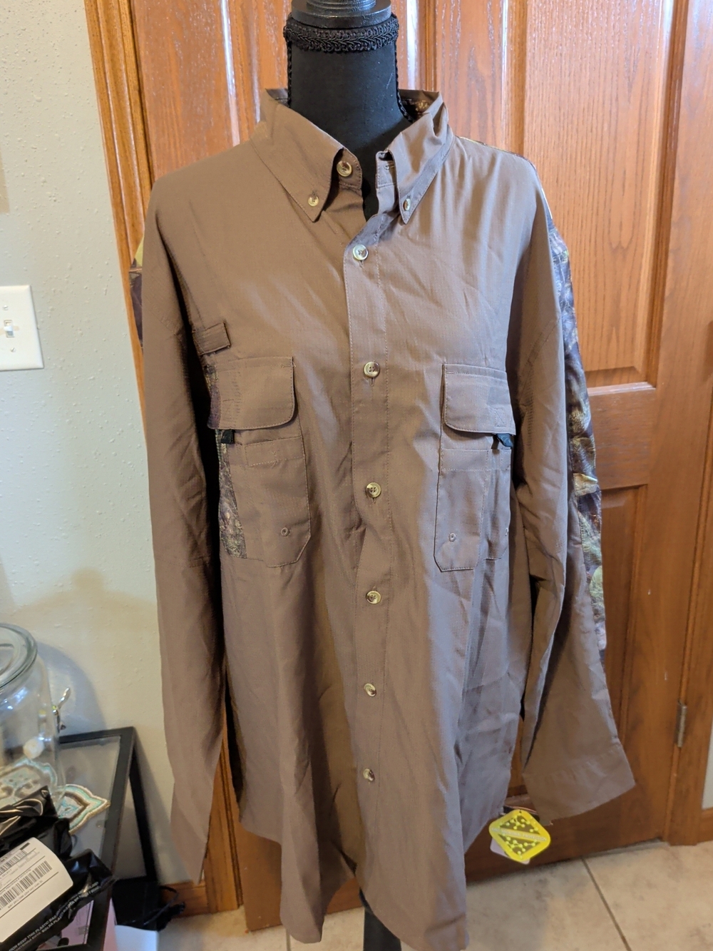 Men's Brown Casual Button-Down Shirt with Camo Sleeve Accents
